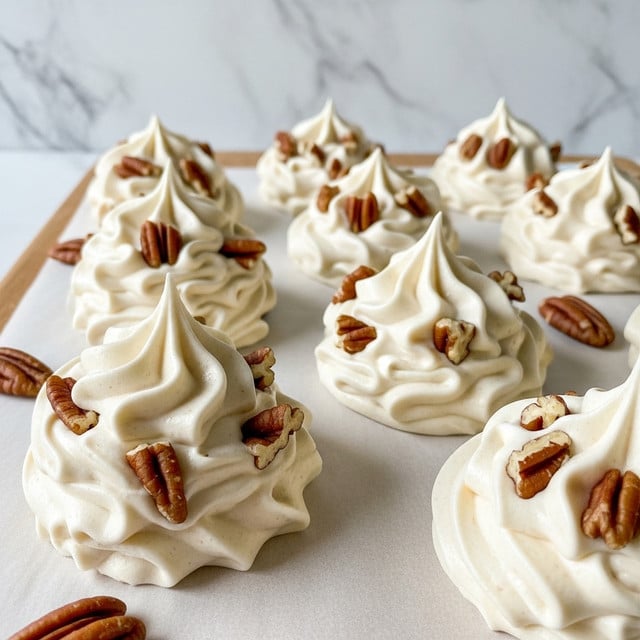 A group of nine rounded mounds of white, fluffy batter with a light, creamy texture sit on a sheet of parchment paper. Each mound is studded with uneven pieces of brown pecans, adding a rough texture contrast to the smooth, swirled peaks on top. The mounds are arranged in a staggered pattern, three in the front, four in the middle, and two partially visible in the back, resting on a wooden surface with a white marbled texture in the background. Some loose pecan pieces are scattered casually around the mounds. photo taken with an iphone --ar 4:5 --v 7