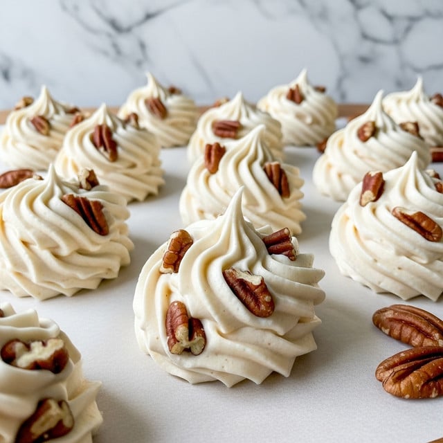 The image shows several small round mounds of white, fluffy meringue with a slightly glossy texture, each filled with chopped brown pecan pieces that add small rough patches and color contrast within the soft white. They sit close together on a sheet of parchment paper, which rests on a white marbled surface. The meringue shapes have a slightly swirled peak in the center of each mound, making them look light and airy. Some pecan pieces are scattered loosely around the edges, enhancing the natural, homemade look. Photo taken with an iphone --ar 4:5 --v 7
