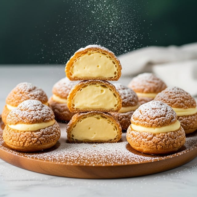The image shows seven cream puffs on a round wooden plate set on a white marbled surface. Five whole cream puffs have a golden brown, slightly crispy outer shell dusted with powdered sugar, while two puffs are cut in half and stacked in the center revealing three layers: a thin golden brown flaky crust on the outside, a soft light brown layer just inside the shell, and a thick, smooth, creamy yellow custard filling in the middle. Powdered sugar is being sprinkled from above, with some powdered sugar dust floating in the air over the dessert. The background is blurred with a dark green color and a soft white cloth visible. photo taken with an iphone --ar 4:5 --v 7