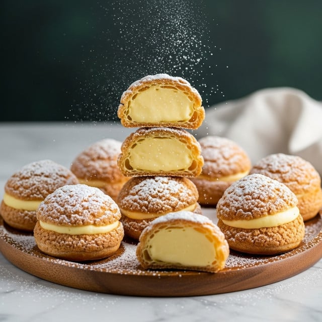 A wooden round plate holds six cream puffs arranged in a circle on a white marbled surface, each puff has a golden-brown crispy shell dusted with powdered sugar. Two cream puffs are cut open and stacked front and center, showing a thick, smooth, pale yellow cream filling inside the airy pastry shell with its light, slightly crunchy texture. Powdered sugar appears to be falling over the top, adding a delicate finish. The background shows a soft, out-of-focus white cloth on a white marbled texture. Photo taken with an iphone --ar 4:5 --v 7