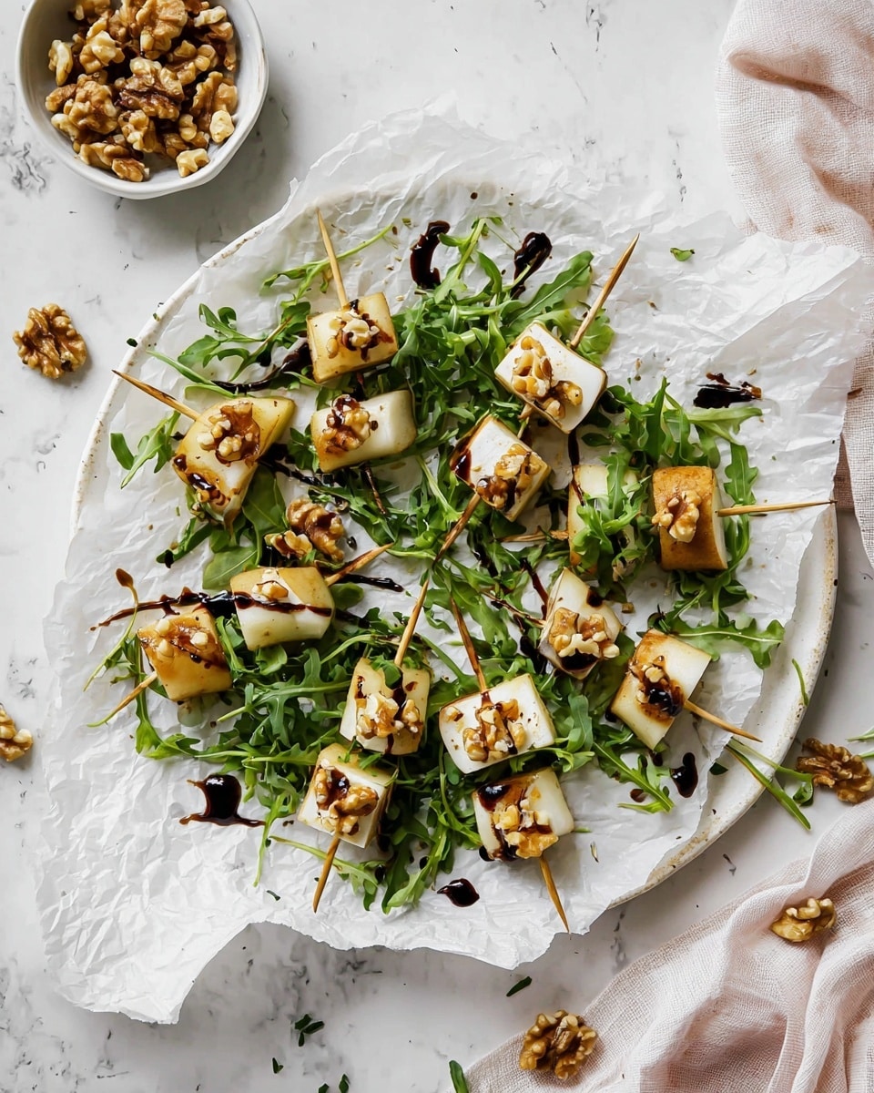 The image shows a white plate lined with crumpled white parchment paper, holding several small skewers of appetizers. Each skewer has three layers: at the bottom is a light beige, slightly charred wedge of pear, followed by a bunch of bright green arugula leaves, and then a small piece of creamy white cheese topped with broken golden brown walnut pieces. The dish is finished with dark brown balsamic glaze drizzled over the skewers and parchment. Around the plate, there are loose arugula leaves and a small bowl with walnut halves on a white marbled surface, with a soft white cloth nearby. Photo taken with an iphone --ar 4:5 --v 7