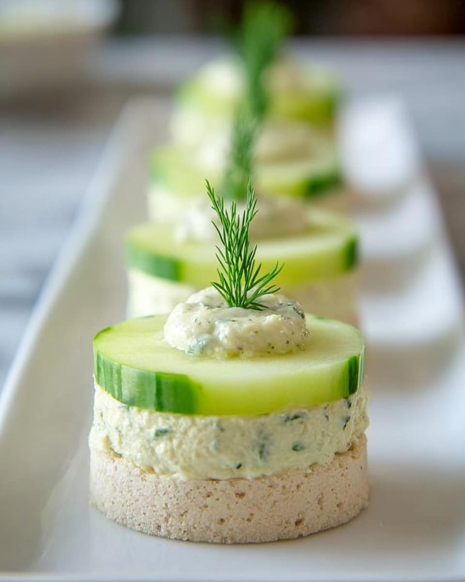 The image shows a row of three small, round appetizers placed on a long white rectangular plate on a white marbled surface. Each appetizer has two main layers: the bottom layer is a soft light beige bread or cracker base, and the top layer is a thick, pale green cucumber slice hollowed in the center. Inside the hollow of the cucumber is a creamy, pale off-white spread mixed with small green herb bits, topped with a small sprig of fresh dill standing upright. The colors are fresh and light, with the pale green cucumber contrasting softly against the creamy filling and bread base. The arrangement is neat and aligned in a straight line. photo taken with an iphone --ar 4:5 --v 7