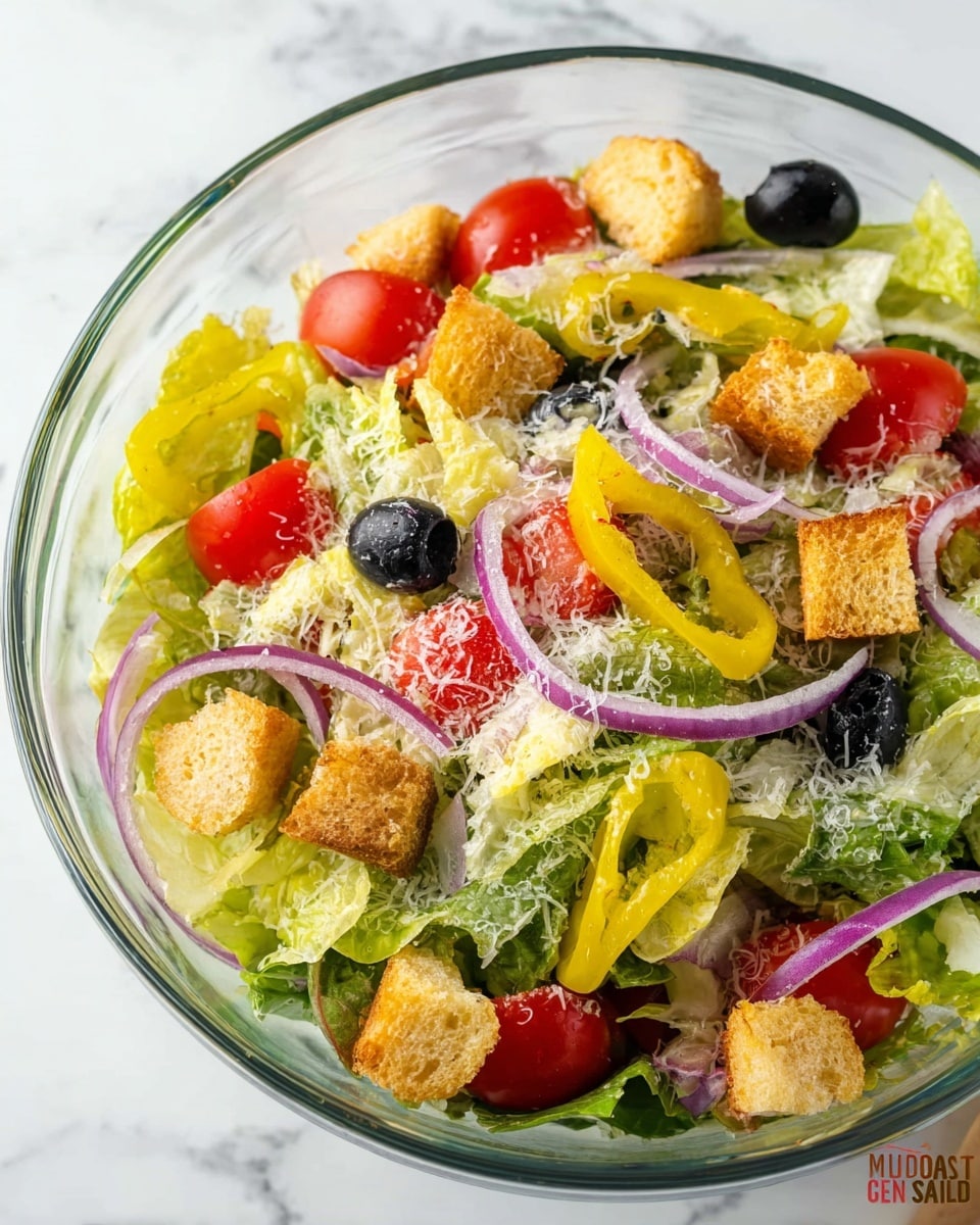 A clear glass bowl holds a fresh salad with several layers starting with a base of light green lettuce leaves, topped with bright red tomato slices and thin rings of purple onion. Scattered around the bowl are black olives and a few long, yellow pepperoncini peppers. Golden brown crunchy croutons are placed on top, along with a light sprinkle of finely grated white cheese. The bowl is set on a white marbled surface. photo taken with an iphone --ar 4:5 --v 7
