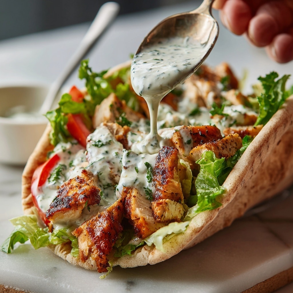 A close-up of a pita wrap held showing its open top filled with layers starting from the bottom with bright red tomato pieces, followed by green leafy lettuce and herbs, then thick chunks of grilled chicken with a browned, crispy skin on top. A creamy white sauce with green herbs is being poured over the top, dripping down the sides, with a spoon in frame. The wrap is on a white marbled surface with a blurred white bowl in the background. photo taken with an iphone --ar 4:5 --v 7