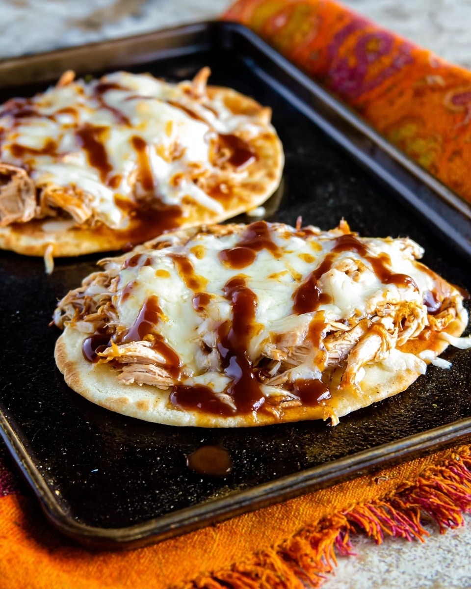 The image shows two small pieces of flatbread pizzas on a dark tray, set on a white marbled surface. Each pizza has a base layer of soft, light beige flatbread, topped with a brown cooked meat layer visible through gaps in the cheese. Over the meat, there is a thick layer of melted white cheese, shining and stretching slightly at the edges. Dark brown barbecue sauce is drizzled unevenly over the cheese in splotches, adding a rich contrast. The edges of the flatbread are slightly crisp and browned. Photo taken with an iphone --ar 4:5 --v 7