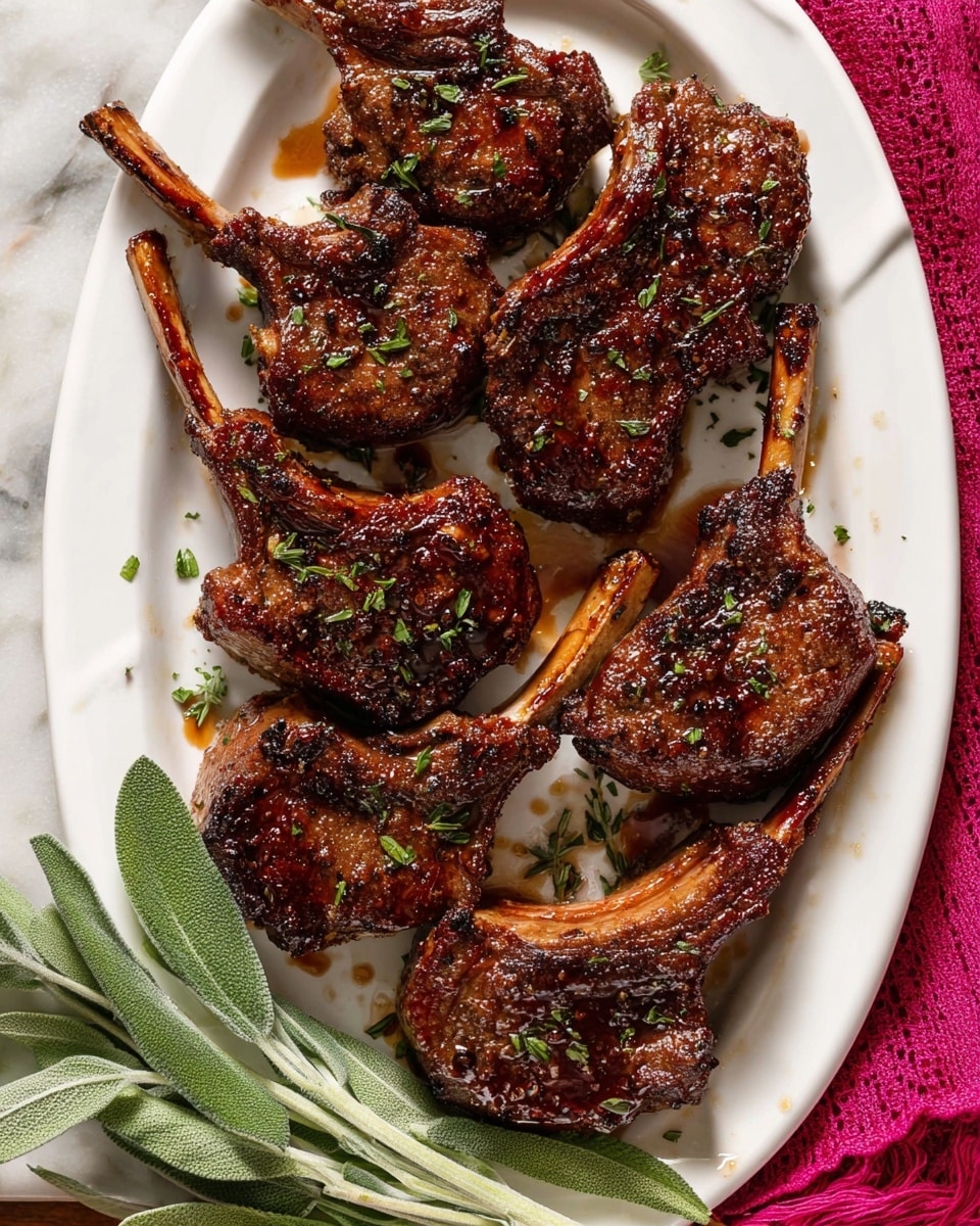 A white rectangular plate holds eight grilled lamb chops with a rich, dark brown, caramelized crust, each showing textured grill marks and garnished lightly with finely chopped green herbs sprinkled on top. The lamb chops are arranged in a slightly overlapping manner across the plate. On the left side of the plate, there is a small bunch of fresh sage leaves, bright green and textured. The plate sits on a wooden textured surface, with a folded pink cloth placed nearby to the right. photo taken with an iphone --ar 4:5 --v 7