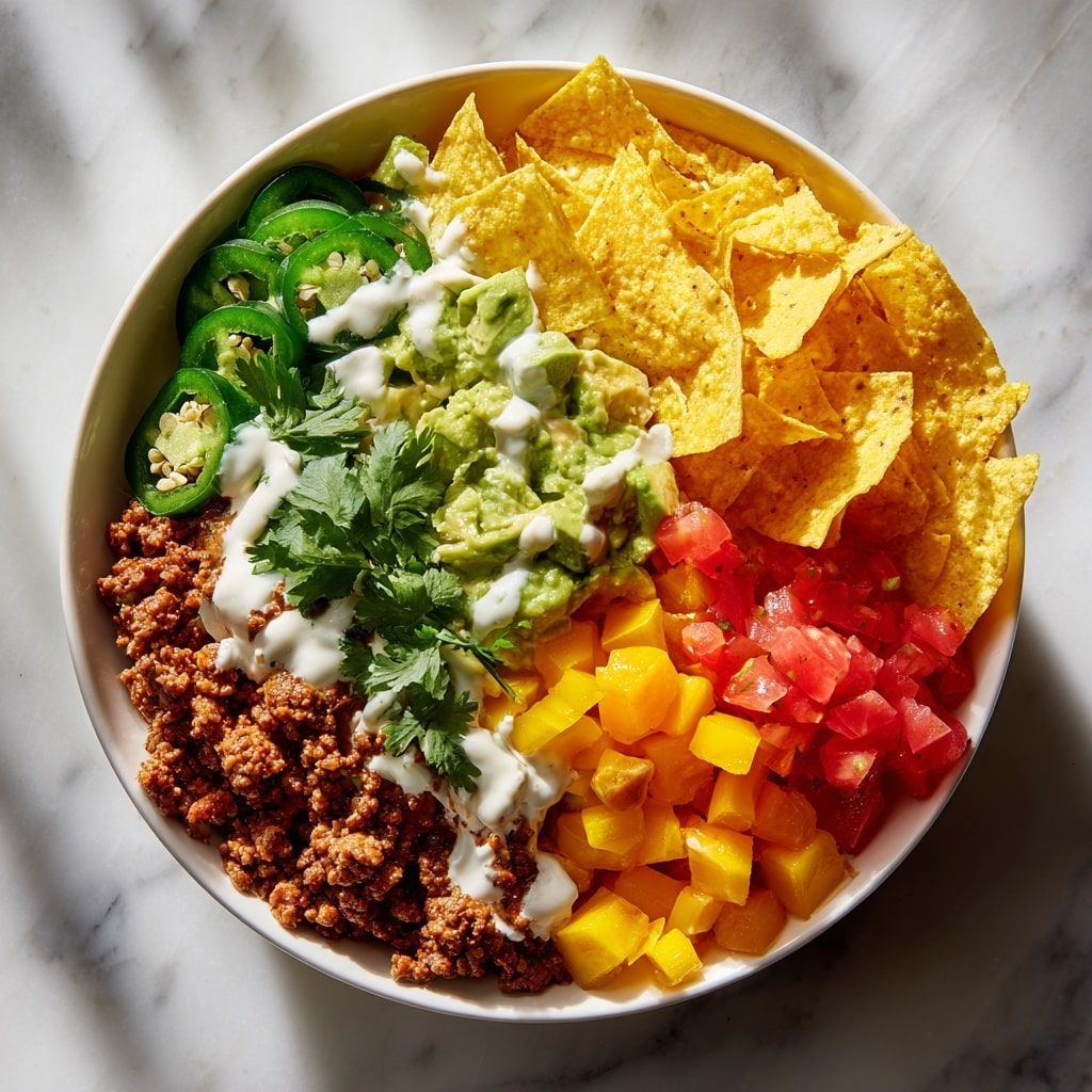 The image shows a white bowl filled with layers of colorful ingredients arranged separately. Starting from the top left, there is a pile of round, yellow tortilla chips. Next to the chips is a layer of cooked ground beef with a brown color and crumbly texture, topped with a drizzle of light beige creamy sauce. On the top right, there are small cubes of yellow cheese sprinkled over diced green avocado pieces. Below them, there are bright red chopped tomatoes. At the bottom left, slices of fresh green jalapeño peppers are arranged neatly. The entire bowl is set on a white marbled surface. Photo taken with an iphone --ar 4:5 --v 7