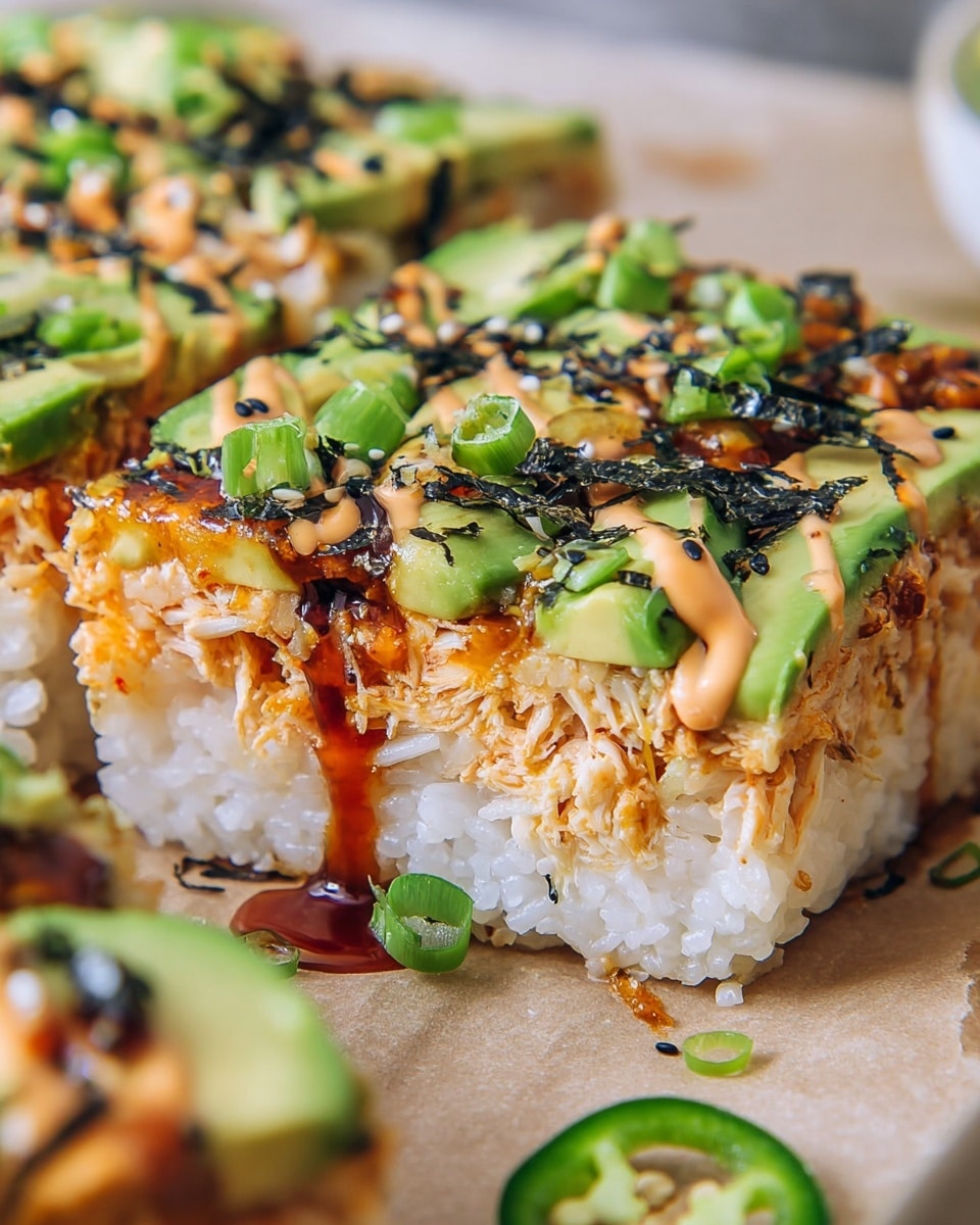 The image shows a close-up of a square slice of layered sushi pizza on a light brown paper over a white marbled background. The bottom layer is white sticky rice, topped with a golden-brown layer of cooked shredded vegetables or seafood mixed with melted cheese. On top, there are fresh, bright green avocado slices arranged in a fan shape, sprinkled with small black seaweed flakes and light sesame seeds. Drizzles of creamy orange sauce and dark soy-based sauce cross the top, with small chopped green onions adding fresh touches. The texture looks creamy and crispy with vibrant colors and rich seasoning. Photo taken with an iphone --ar 4:5 --v 7