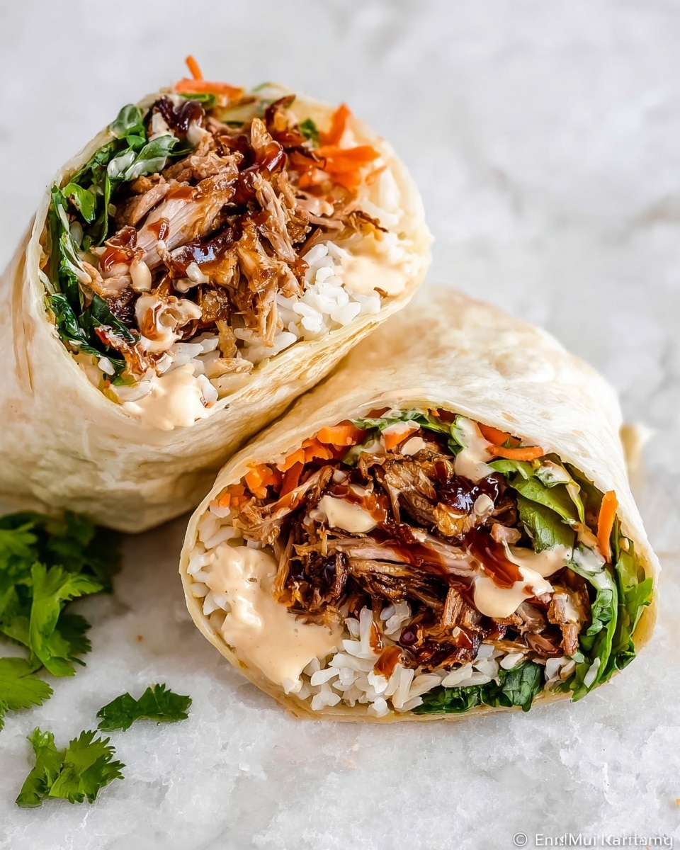 The image shows two halves of a burrito placed side by side on a white marbled surface. Each burrito cut reveals multiple layers: the outer layer is a soft light beige tortilla wrap, inside which there is a layer of white rice, shredded golden-brown cooked meat with some darker crispy bits, finely chopped orange carrots, fresh green leafy vegetables, and a creamy light brown sauce drizzled on top. The textures include the smooth tortilla, fluffy rice, tender meat, crunchy vegetables, and smooth sauce. A few fresh green cilantro leaves are placed near the burrito halves. Photo taken with an iphone --ar 4:5 --v 7