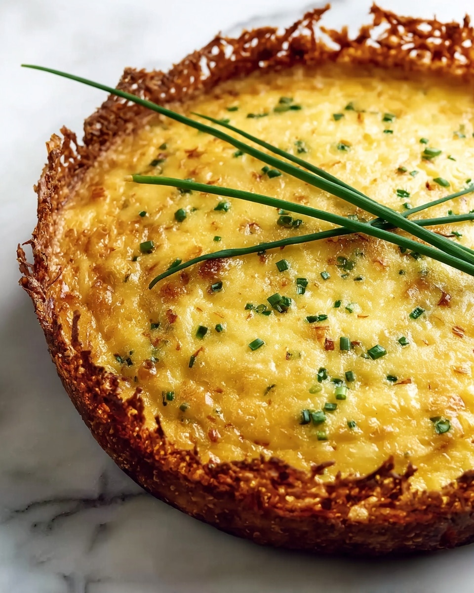A round, golden-brown quiche with a crispy, textured crust that looks like it's made from shredded potatoes, forming a thick, crunchy edge all around. Inside, there is a smooth, creamy yellow egg layer dotted with small green chive pieces and tiny browned bits, likely bacon or ham. On top of the quiche are several long green chive strands arranged in a loose cross pattern. The quiche sits on a white plate on a white marbled texture surface. photo taken with an iphone --ar 4:5 --v 7