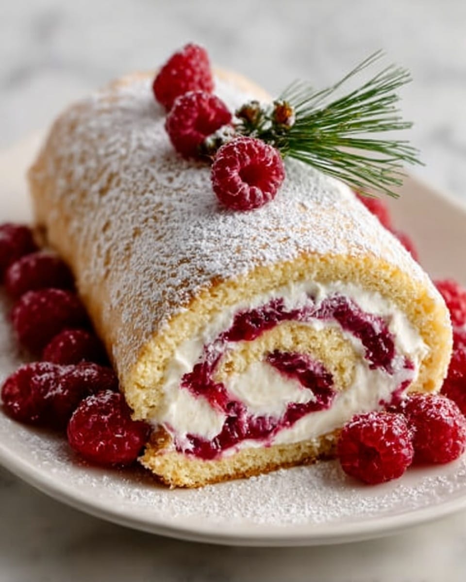 A close-up of a Swiss roll cake on a white plate, showing three visible spiral layers. The outer layer is light golden sponge cake with a soft texture, dusted with powdered sugar. Inside, there is a thick white cream layer and a bright red raspberry jam swirl, creating a clear contrast between the cream and jam. The top of the roll is decorated with fresh red raspberries and a small green pine twig. More raspberries are scattered around the plate on a white marbled surface. Photo taken with an iphone --ar 4:5 --v 7