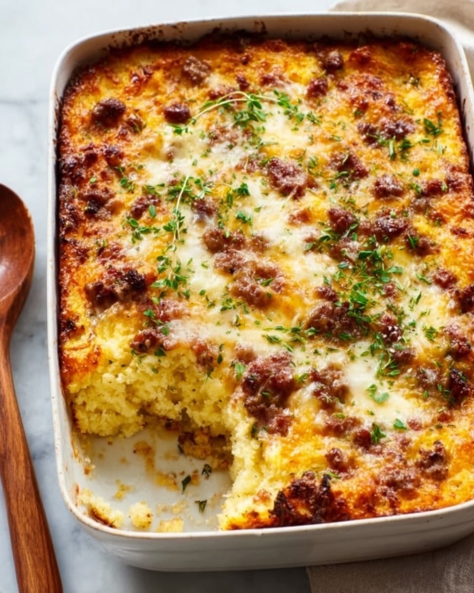 A white rectangular baking dish filled with a baked casserole that has a golden-brown top layer covered with melted yellow and white cheese, sprinkled with chopped green herbs and pieces of cooked bacon. The casserole itself looks soft and moist underneath the cheesy crust. Next to the dish on a white marbled surface are two wooden spoons, one with some food on it. Photo taken with an iphone --ar 4:5 --v 7