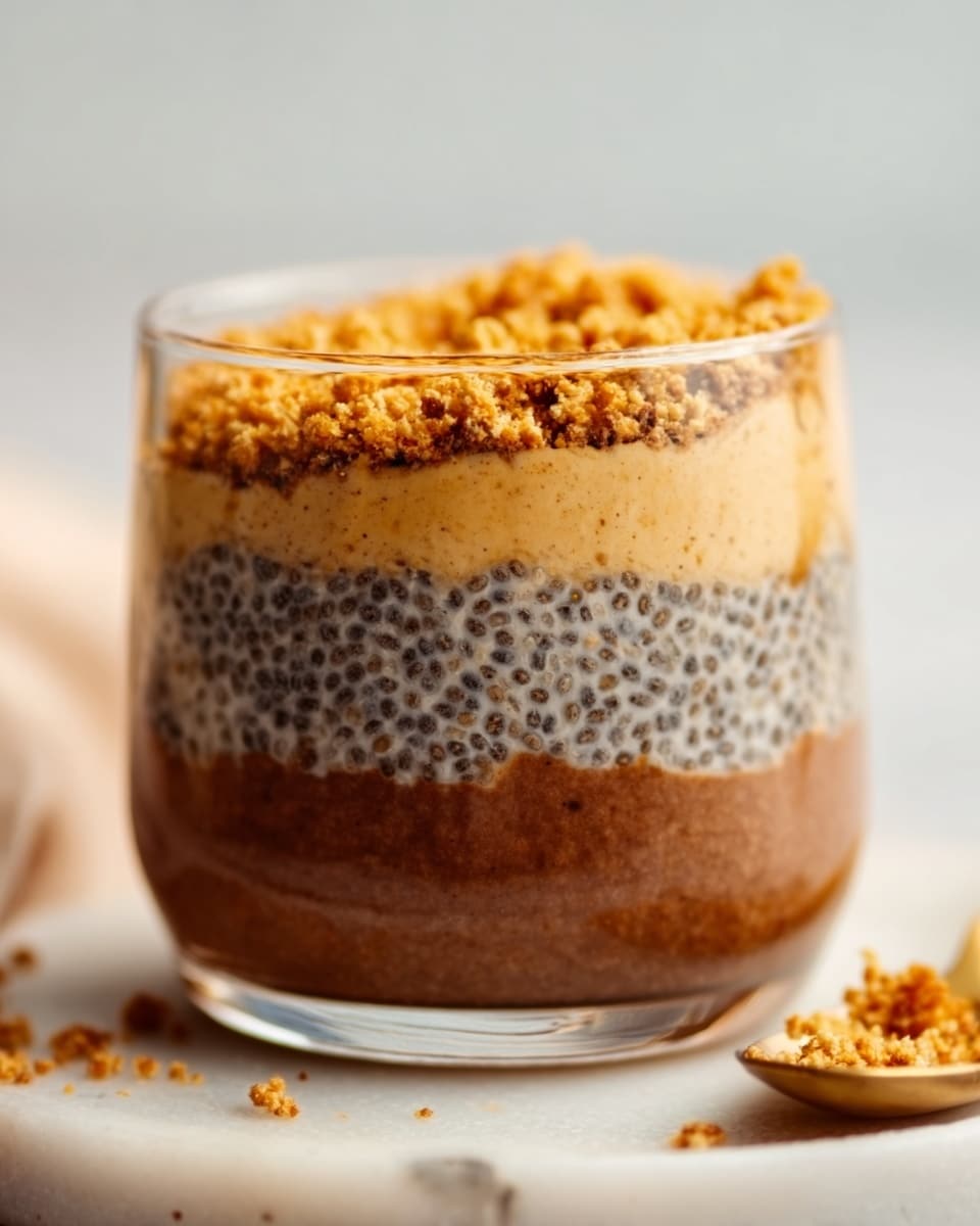 A clear glass cup filled with three distinct layers is shown. The bottom layer is a smooth, rich dark brown, likely chocolate or caramel, covering the base. The middle layer is thick and creamy with a beige color, filled with small black chia seeds evenly spread throughout for texture. The top layer is a crumbly, golden-brown topping that looks crunchy and slightly uneven, sitting on top of the chia layer. The glass is placed on a white marbled surface, with some crumbs scattered around it, and a woman's hand is reaching toward the bottom right corner near a gold spoon. The lighting is soft and natural, highlighting the textures of the layers. Photo taken with an iphone --ar 4:5 --v 7