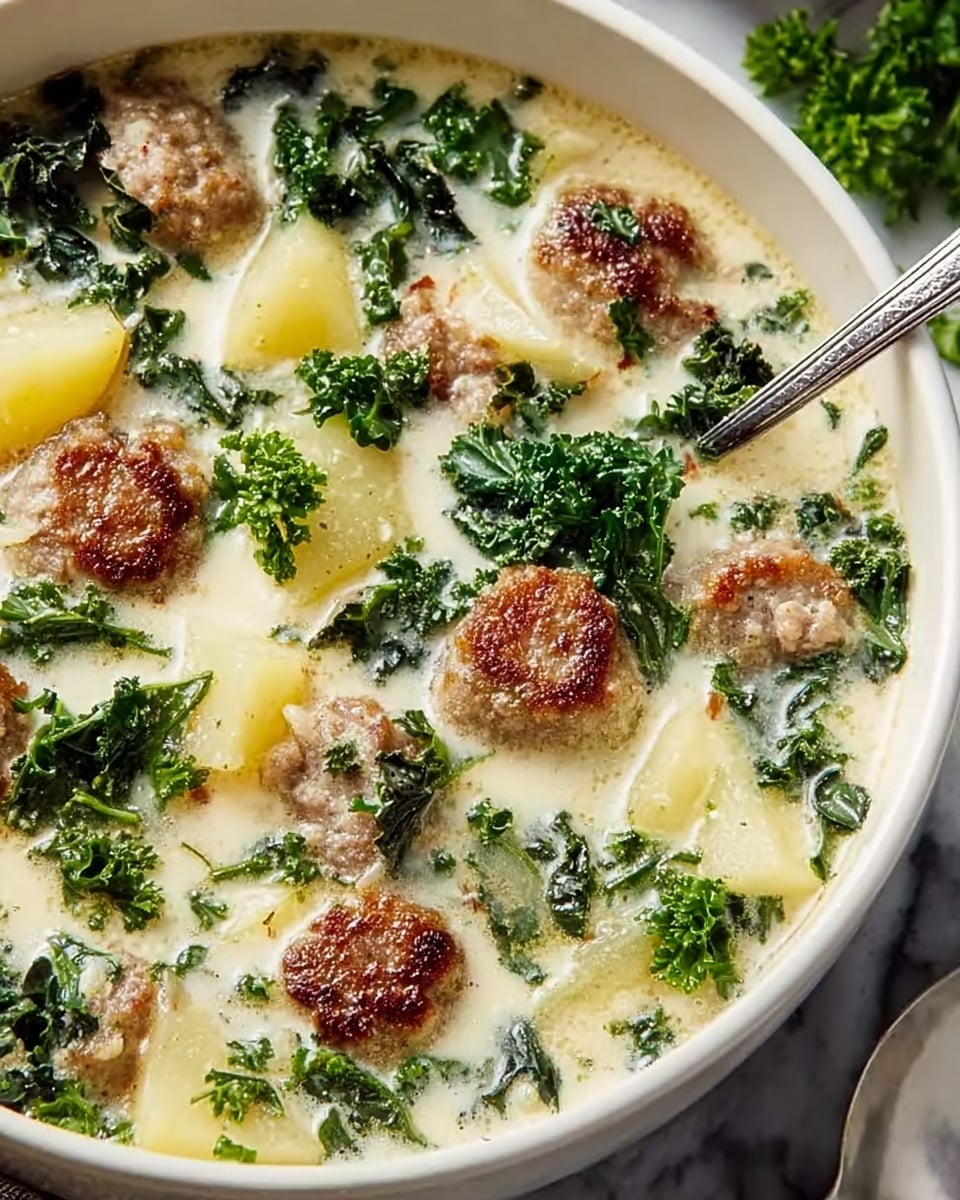 A close-up view of a creamy soup in a silver pot filled with chunks of light yellow potatoes, bright green curly kale leaves, and browned sausage slices that have a crispy texture on the outside. The soup broth is thick and white with flecks of herbs and spices floating throughout. A silver spoon is partially submerged in the soup on the right side, resting against the pot’s edge. The pot sits on a white marbled surface with some pieces of cheese and a beige cloth napkin nearby. Photo taken with an iphone --ar 4:5 --v 7