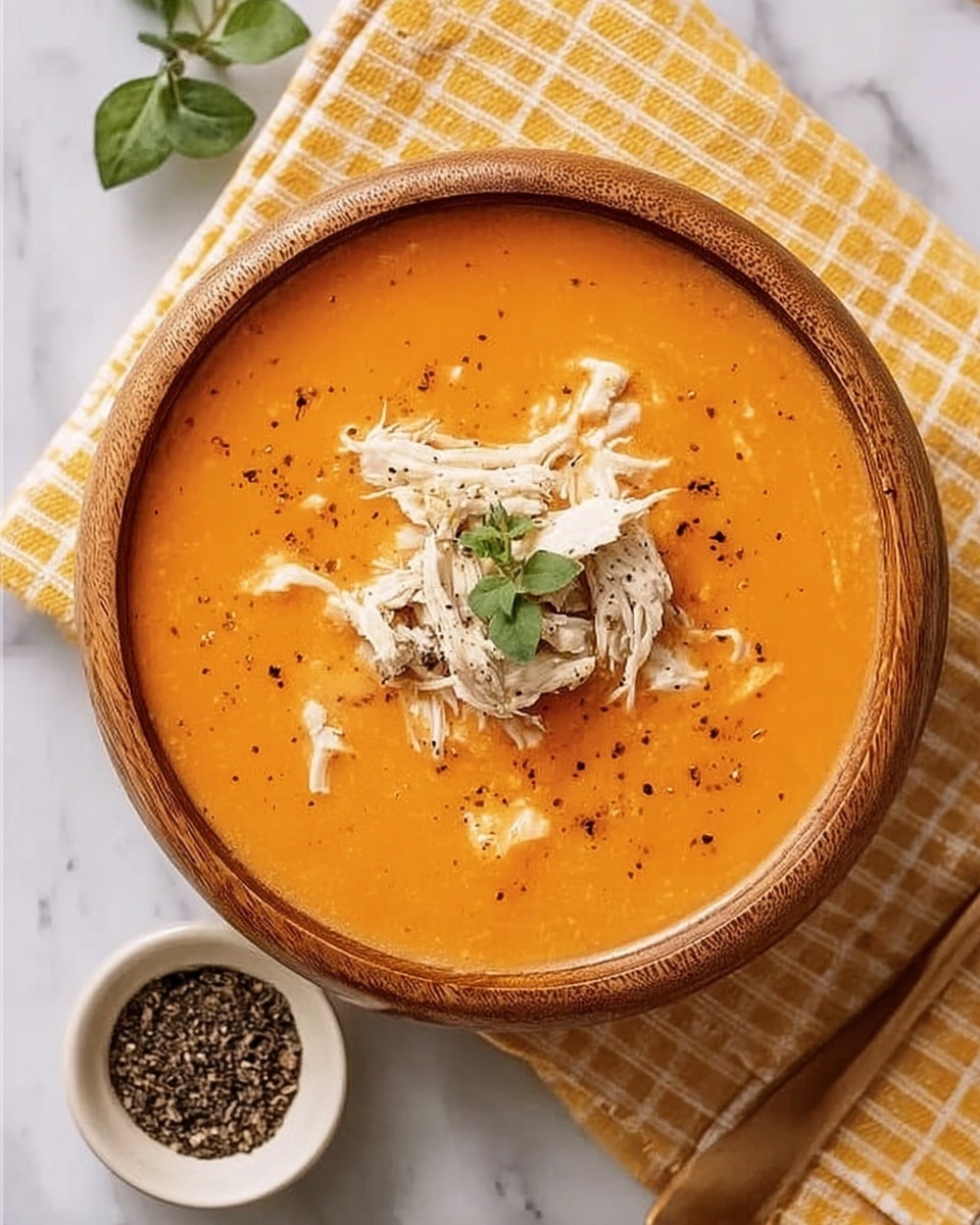 A wooden bowl filled with thick, creamy orange soup, topped with shredded white chicken pieces lightly scattered in the center and sprinkled with black pepper. A small sprig of fresh green herbs rests on top of the chicken. The bowl is set on a yellow and white checkered cloth on a white marbled surface. Nearby, there is a small white bowl filled with ground black pepper and part of another bowl of soup is visible at the top edge of the image. Photo taken with an iphone --ar 4:5 --v 7