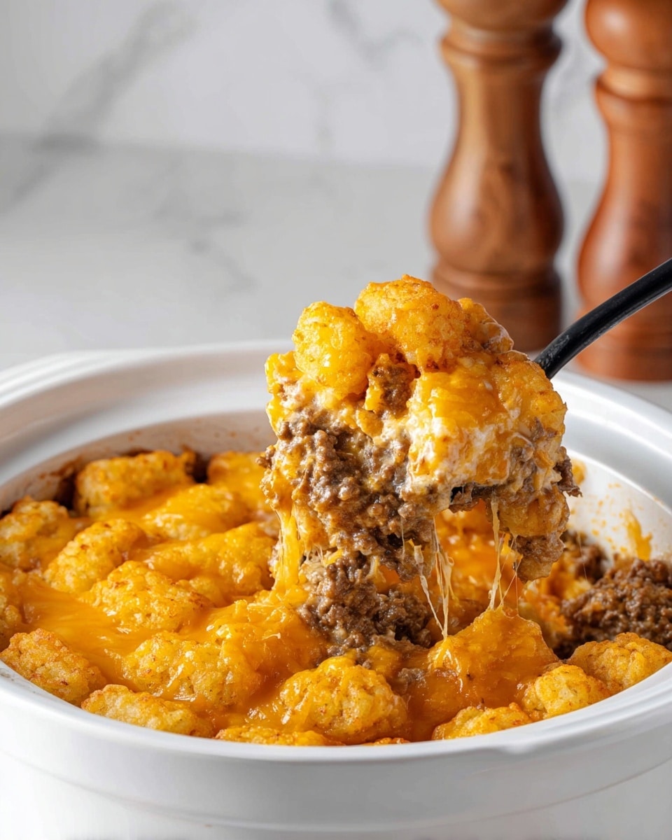 The image shows a white slow cooker filled with a layered dish where a scoop is being lifted by a black serving spoon. The dish has three visible layers: the bottom layer is made of golden to light brown cooked ground meat mixed with small bits, the middle layer consists of gooey, melted bright orange cheddar cheese, and the top layer is formed by crispy, golden tater tots that are also covered by melted cheddar cheese. The texture of the tater tots looks crunchy, while the cheese is stringy and creamy, blending the layers together. The background features a white marbled surface and blurred pepper mills, and a woman's hand is partly visible holding the spoon. photo taken with an iphone --ar 4:5 --v 7
