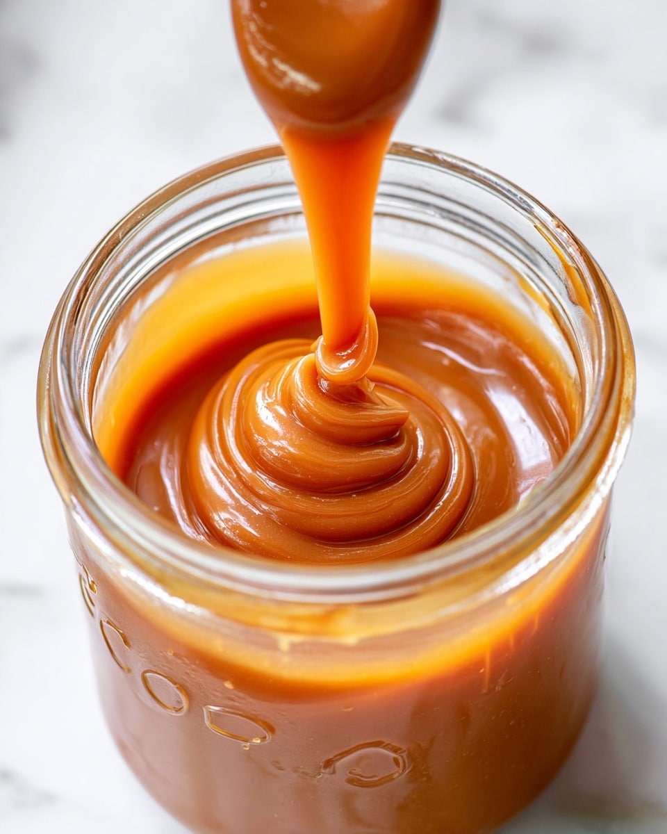 A close-up view of a glass jar filled with smooth, rich golden-brown caramel sauce being swirled from above into a tight, glossy spiral inside the jar, showing the thick, creamy texture and shiny surface with a bit of caramel dripped along the jar’s rim, placed on a white marbled surface. photo taken with an iphone --ar 4:5 --v 7