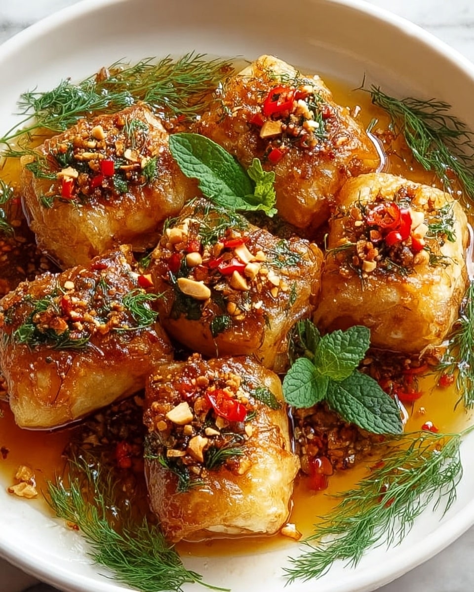 The image shows six golden brown spring rolls on a white plate, each covered with a shiny, oily layer. The rolls have a flaky and crispy texture with some spots of darker brown where they are crispier. They are topped with a mix of crushed peanuts, red chili flakes, and green herb leaves, giving a colorful and fresh look. The plate sits on a white marbled surface with fresh green herbs, including mint and dill, placed around the rolls, and a small amount of sauce pooling at the bottom. A woman's hand is visible holding the plate from the side. Photo taken with an iphone --ar 4:5 --v 7