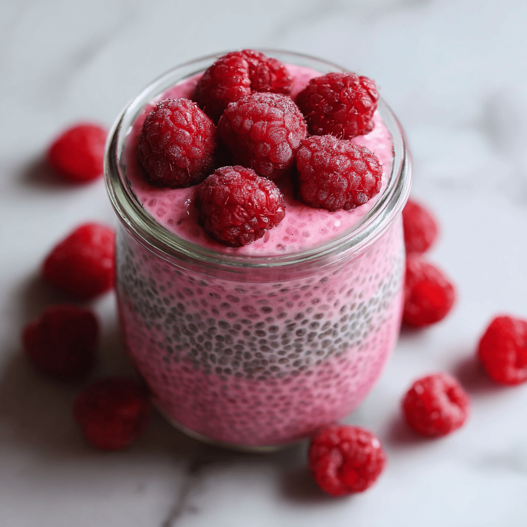 A clear round glass jar filled with light purple chia pudding layered with black chia seeds and pieces of bright red raspberries mixed inside, topped with five whole fresh raspberries sitting on the surface, with scattered fresh raspberries around the jar on a white marbled surface, and a spoon visible in the background. photo taken with an iphone --ar 4:5 --v 7