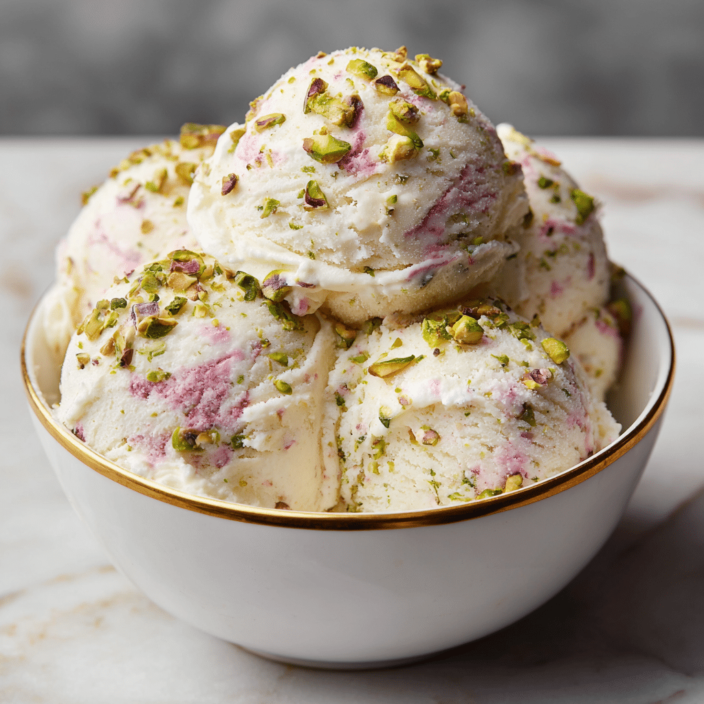 The image shows a white bowl with a golden rim filled with four large scoops of pistachio and rose ice cream. Each scoop is creamy white with bright pink rose streaks swirled throughout and dotted with small green pistachio pieces. The texture looks smooth and slightly soft, as if just scooped. The bowl sits on a white marbled surface with some greenery blurred in the background. photo taken with an iphone --ar 4:5 --v 7