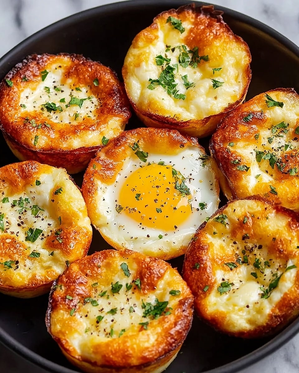 Seven golden brown baked egg muffins sit evenly spaced inside a black round pan. Each muffin has a crispy outer edge with melted cheese on top that is slightly browned, some with darker toasted spots. The inside of the muffins shows a soft, cooked egg with white and yellow yolk in the center, topped with small bright green parsley leaves and a sprinkle of black pepper. The pan rests on a white marbled surface, enhancing the warm and inviting colors of the muffins. photo taken with an iphone --ar 4:5 --v 7