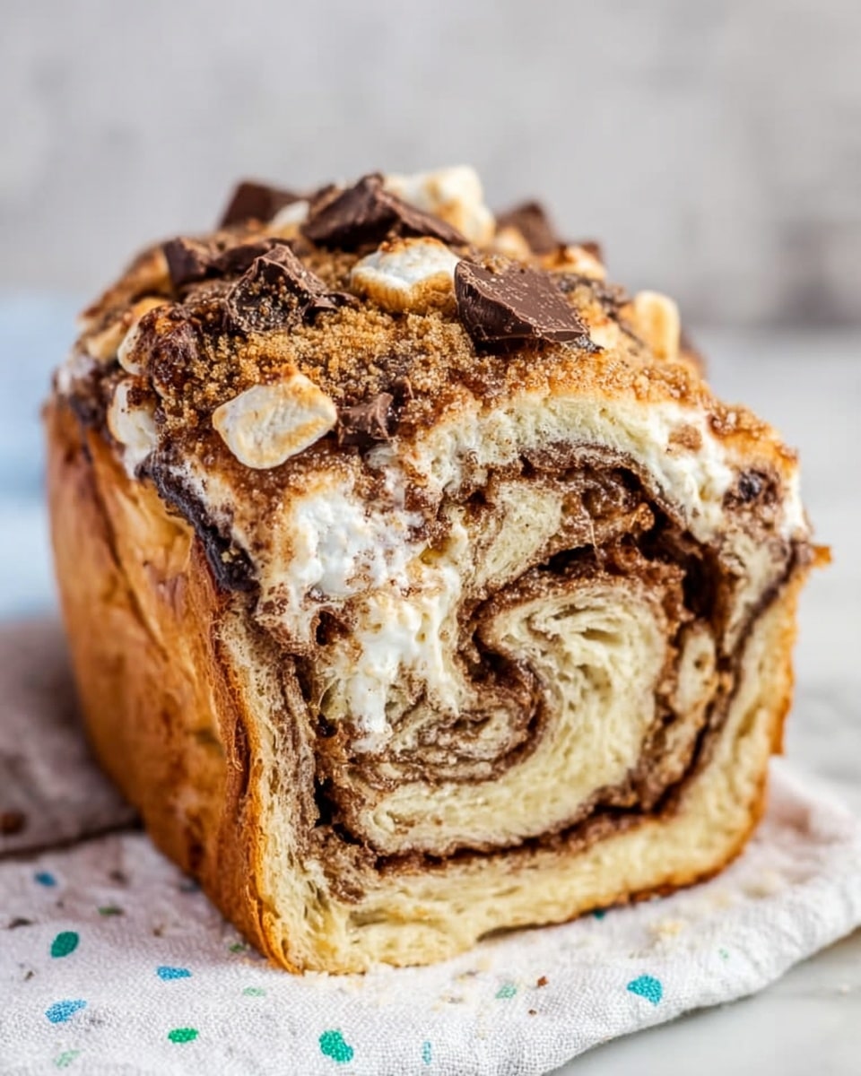 The image shows a close-up of a thick slice of swirl bread with multiple layers of light golden dough spiraled with dark brown chocolate or cinnamon filling. The top of the bread has a rough, crumbly texture with browned toasted bits and melted white marshmallow-like topping scattered unevenly. There are small chunks of chocolate embedded on top, adding a rich contrast to the soft bread. The slice rests on a white cloth with some small blue and green dots, all placed on a white marbled surface. photo taken with an iphone --ar 4:5 --v 7