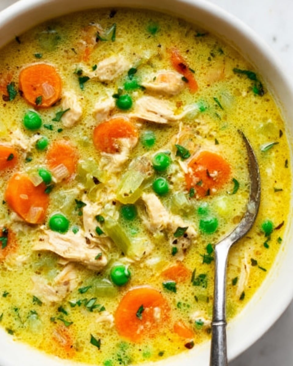 The image shows a creamy soup with visible layers including orange carrot slices, green peas, light beige chicken pieces, and small celery chunks all mixed in a yellowish broth with herb flecks. The spoon resting in the soup is silver with a textured handle. The soup is inside a white bowl placed on a white marbled surface. photo taken with an iphone --ar 4:5 --v 7