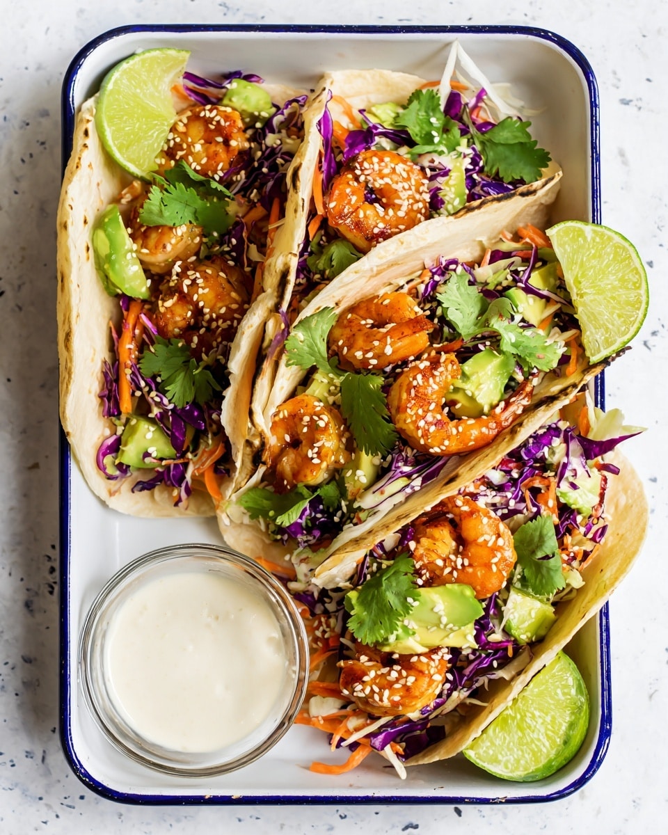 Three soft flour tortillas, each filled with three layers, are arranged side by side on a white tray with a blue rim, placed on a white marbled surface. The first layer has bright orange cooked shrimp with a slightly glossy texture, scattered evenly. The second layer consists of thin strips of deep purple cabbage mixed with light green avocado chunks and bits of fresh green cilantro leaves spread throughout. The top layer includes a sprinkle of small white sesame seeds, adding texture and contrast. Next to the tacos is a small clear glass bowl filled with smooth, creamy white sauce, and lime wedges with light green skin and pale green flesh sit in the tray corner. Photo taken with an iphone --ar 4:5 --v 7