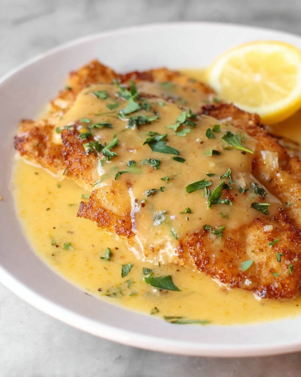 The image shows a white plate with one large, crispy breaded cutlet covered in a glossy, light orange sauce that pools around the base. The cutlet has a rough texture with browned, golden edges and is garnished with small green herb leaves scattered on top. There is a slice of bright yellow lemon placed near the cutlet on the plate. The surface under the plate is a white marbled texture. photo taken with an iphone --ar 4:5 --v 7