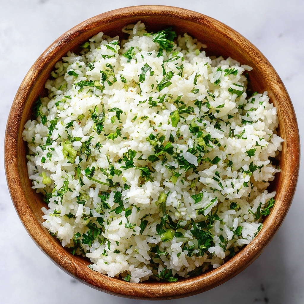 A close-up image of a bowl filled with cooked white rice mixed with finely chopped fresh green herbs, creating a speckled green-and-white texture. The rice grains look soft and fluffy, and the herbs are evenly spread throughout. The bowl is white and rustic, resting on a white marbled surface. photo taken with an iphone --ar 4:5 --v 7