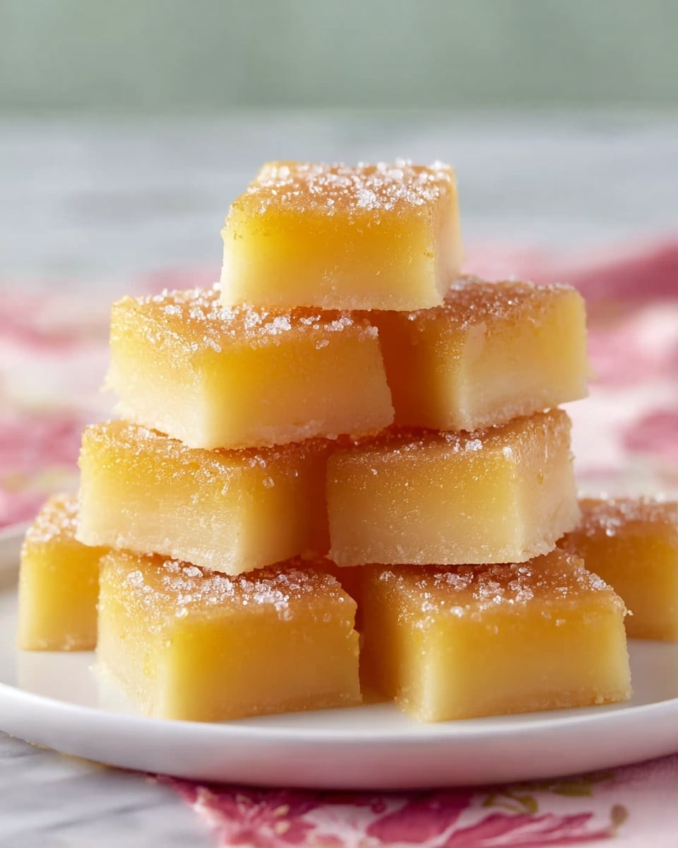 The image shows a stack of nine small square pieces of a golden-yellow dessert arranged in a 3-3-2-1 pyramid on a white plate. Each piece has a smooth, slightly translucent texture with a darker, caramelized top layer that looks glossy and slightly grainy, catching the light. The sides of the squares appear soft and moist, with some sugar crystals sprinkled on and around the base of the stack. The plate sits on a white marbled surface with a faint pink patterned cloth partly visible at the bottom. The background is softly blurred, emphasizing the warm tones and texture of the dessert. Photo taken with an iphone --ar 4:5 --v 7