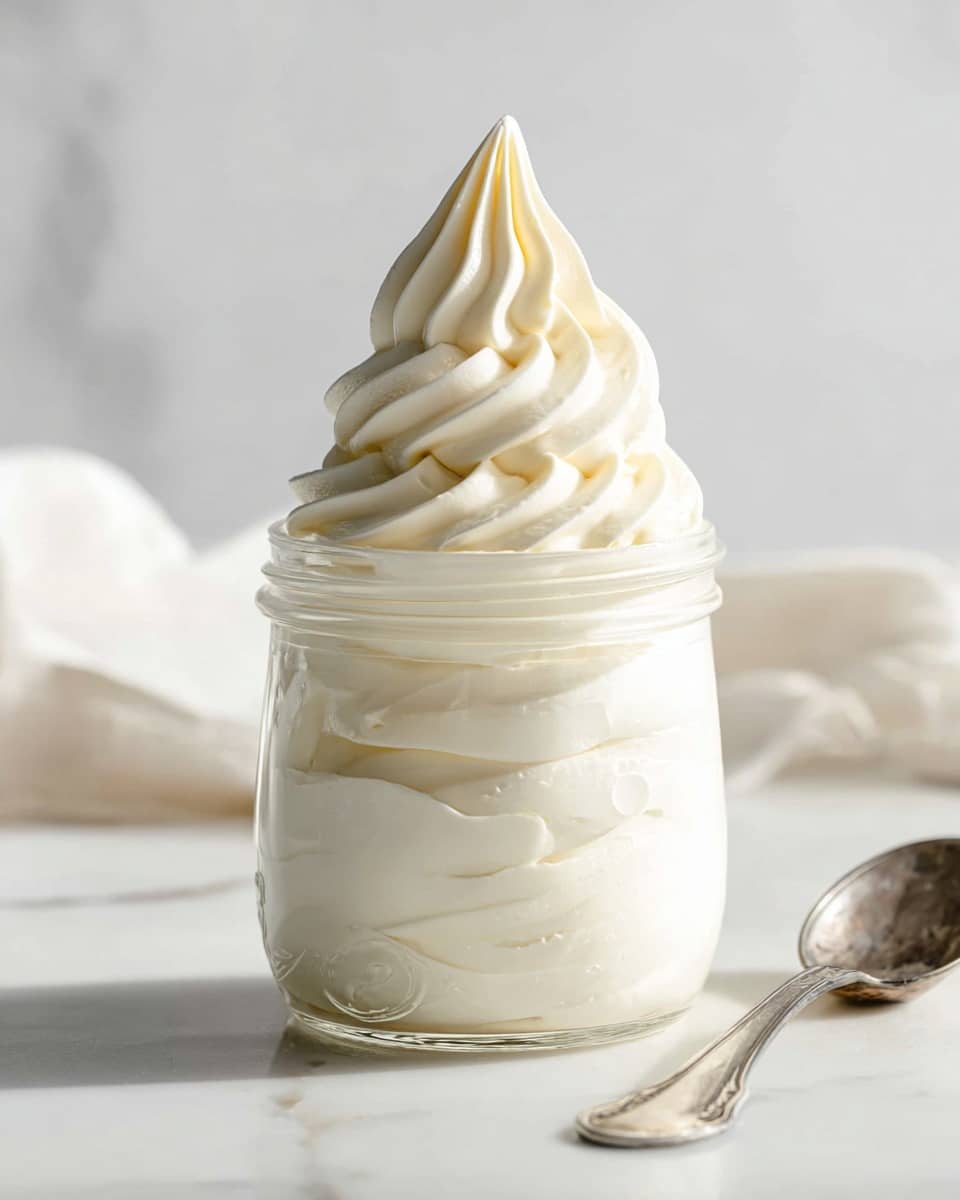 A clear glass jar filled with three visible layers of smooth, creamy white soft serve ice cream that swirl upward into a tall, pointed peak on top. The texture is thick and rich, with soft ridges spiraling elegantly around the top and down inside the jar. It sits on a white marbled surface with a blurred white background, and a silver spoon lies nearby. Photo taken with an iphone --ar 4:5 --v 7