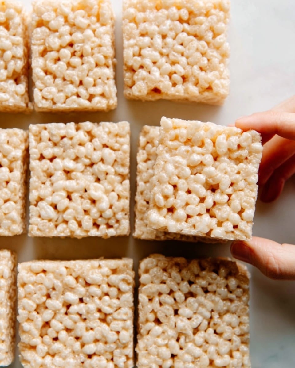 The image shows a close-up of nine square crispy rice treats neatly arranged on a white marbled surface. Each treat is light golden-beige with a slightly shiny, sticky texture from the melted marshmallows binding the puffed rice. A woman's hand is lifting the top right square, adding depth and focus to the image. The treats have a soft, airy look with tiny bubbles formed by the rice cereal, and the edges are clean and straight, showing they were cut carefully. photo taken with an iphone --ar 4:5 --v 7