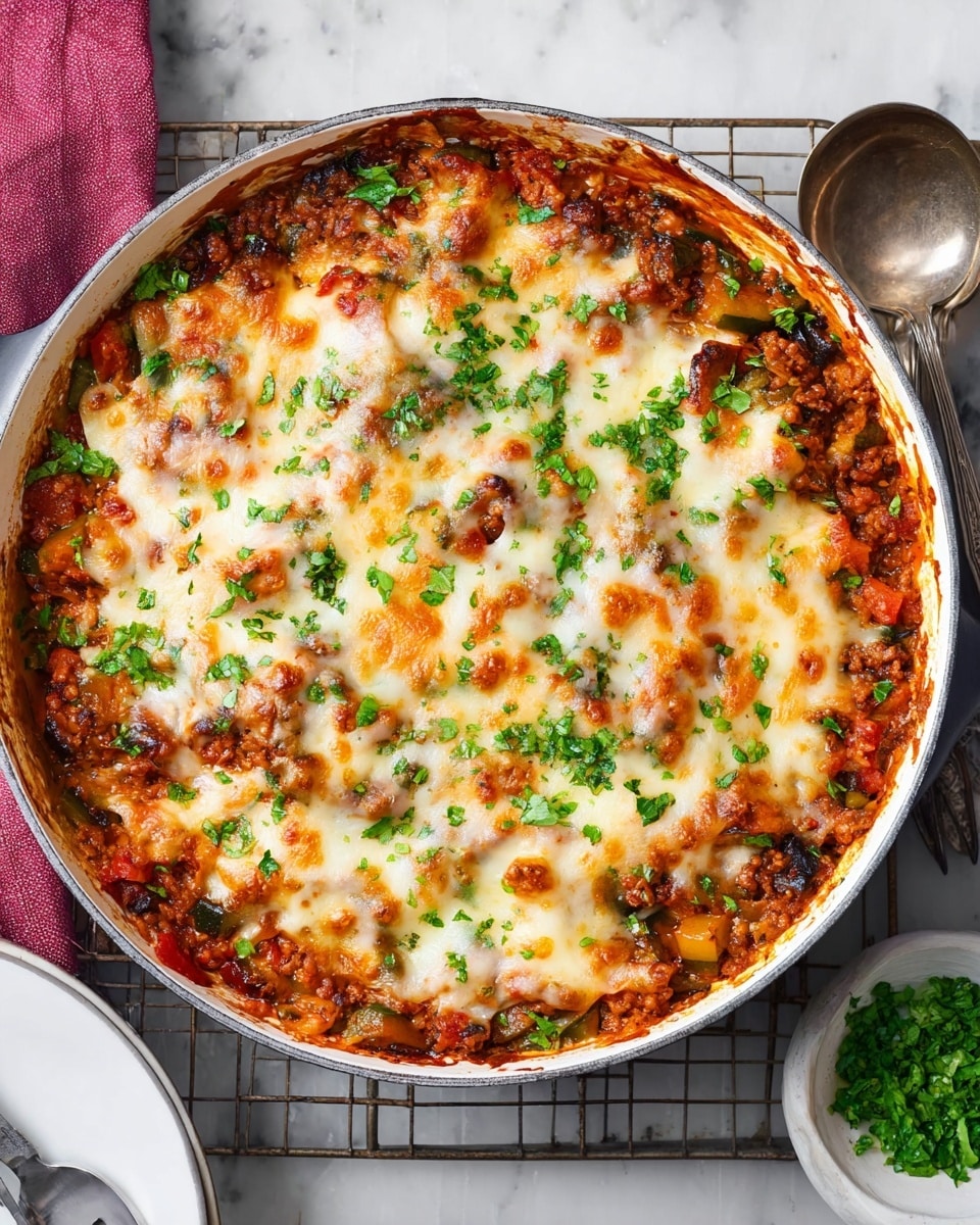 A large round light blue pan filled with a cooked mix of small diced vegetables like red and green peppers, mushrooms, and tomatoes as the base layer, covered evenly with melted yellow and white cheese that has a slightly golden brown color in some spots, sprinkled with chopped fresh green herbs scattered on top. The pan rests on a black metal cooling rack over a wooden table, with a white cloth and silver serving spoon beside it, and a bowl of chopped green herbs partially visible at the edge. Photo taken with an iphone --ar 4:5 --v 7