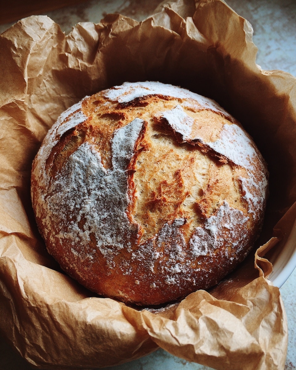 A round loaf of bread with a golden brown crust and white flour dusted on top sits in a black pot lined with brown parchment paper. The bread has a slightly cracked surface showing its light, airy inside. The pot rests on a white marbled texture. photo taken with an iphone --ar 4:5 --v 7