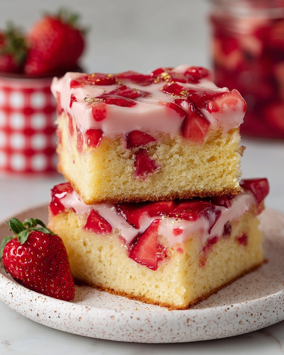 The image shows two square pieces of strawberry cake stacked on a round white speckled plate. The bottom layer is a soft golden cake with a slightly open texture, topped with a layer of bright red strawberry pieces mixed with creamy white frosting that is spread unevenly, giving a homemade look. The top piece has the same layers and is slightly tilted, showing the moist strawberry filling and white frosting dripping down the sides. The plate sits on a white marbled surface with a black cloth nearby and a jar with a red and white checked cloth cover and some whole strawberries in the background. Photo taken with an iphone --ar 4:5 --v 7