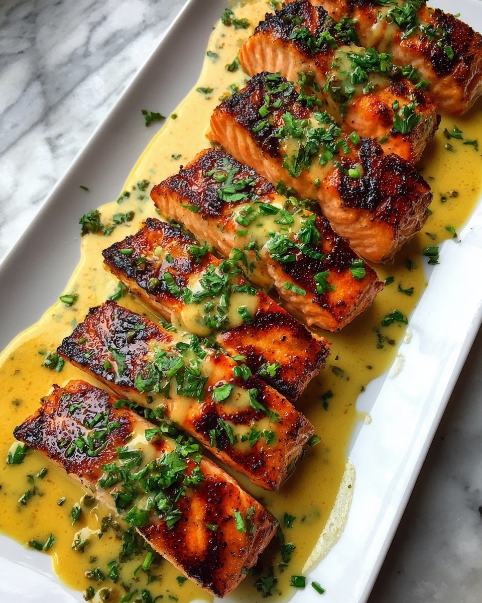 A white rectangular plate holds nine thick, juicy pieces of grilled salmon arranged in three rows, each piece showing a lightly charred, golden-brown crust on top and orange-pink flesh visible on the sides. A rich, creamy yellow sauce with small herbs is poured generously over the top of each salmon piece, dripping slightly down the sides and pooling lightly around the base. Fresh chopped green herbs are sprinkled over all the salmon chunks, adding a bright green contrast to the golden sauce and orange fish, with a soft white marbled surface underneath the plate. photo taken with an iphone --ar 4:5 --v 7