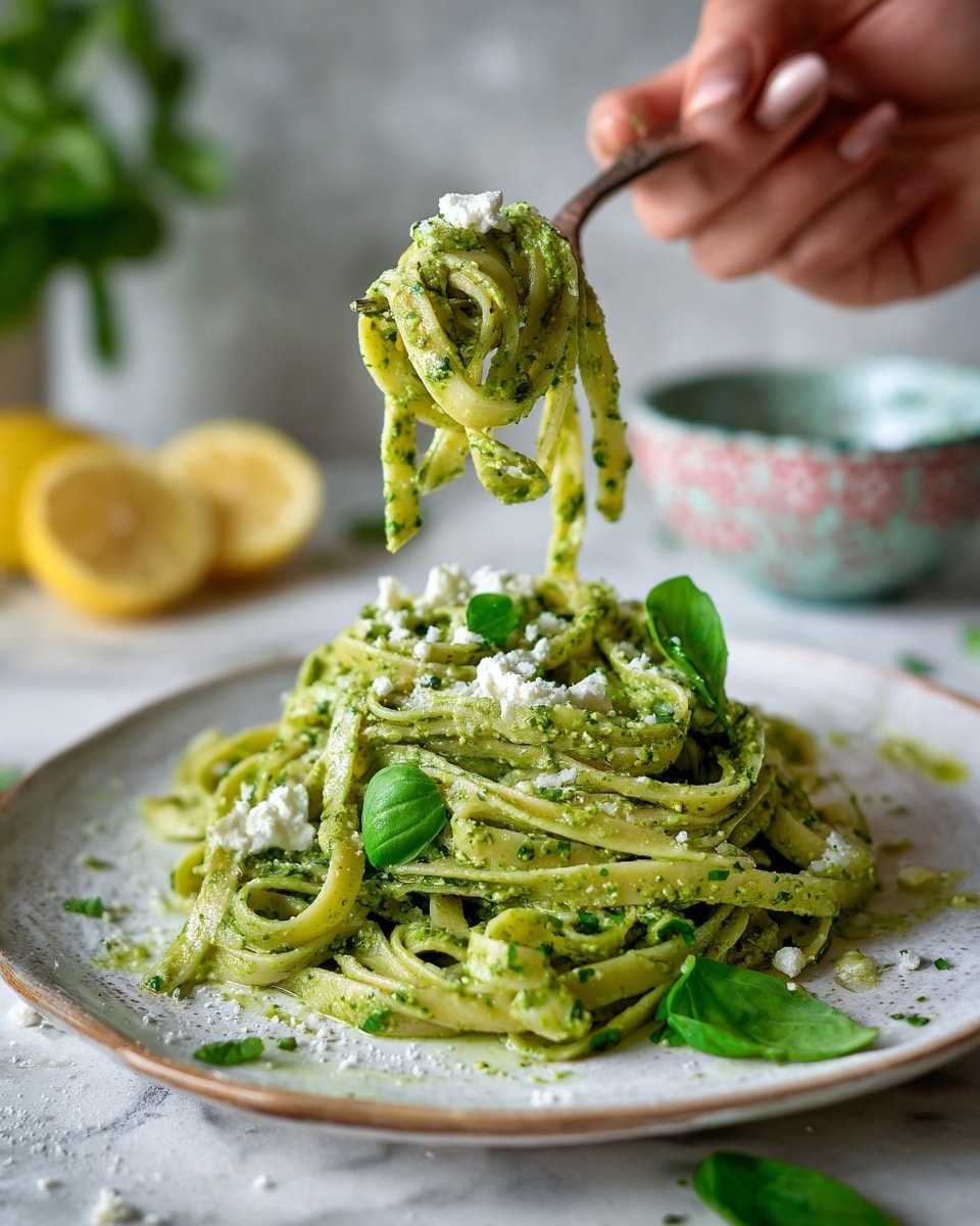 A close-up of a white plate filled with creamy green pesto fettuccine pasta, showing thick pasta strands coated evenly in a chunky pesto sauce with small bits of cheese and herbs mixed in. Some bright green basil leaves sit on top and are caught in the pasta twist held by a silver fork above the plate. The background shows a white marbled texture with a lemon wedge and a patterned bowl blurred behind the dish. photo taken with an iphone --ar 4:5 --v 7