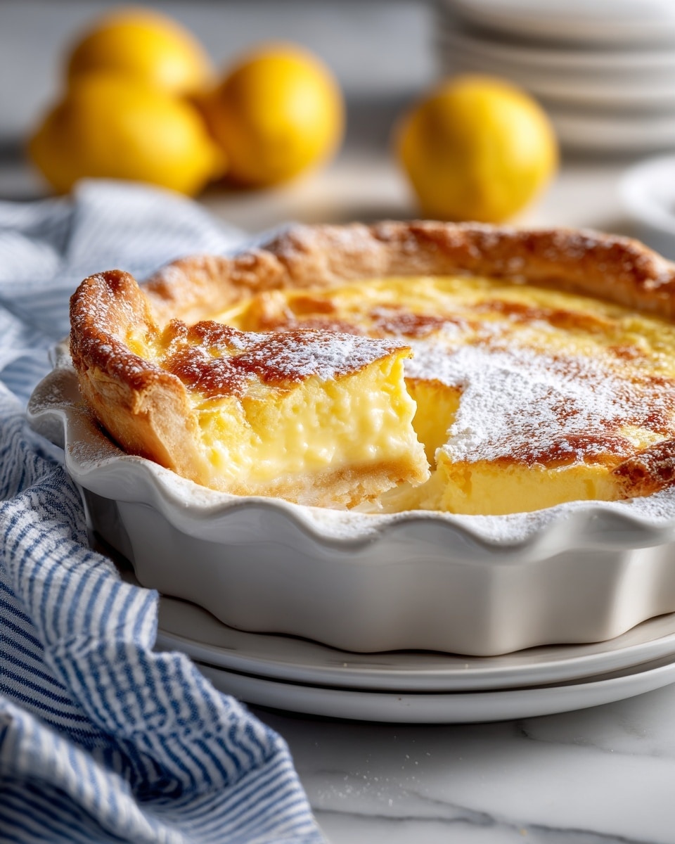 The image shows a white ceramic baking dish filled with a lemon custard dessert with a golden-brown, slightly cracked crust on top, dusted with powdered sugar. The dessert has a creamy, pale yellow filling with visible lemon curd pockets underneath the crust. A portion of the dessert is scooped out, revealing a gooey, smooth texture inside. The dish is placed on a white marbled surface with a soft blue and white cloth underneath it, and three yellow lemons are blurred in the background. photo taken with an iphone --ar 4:5 --v 7