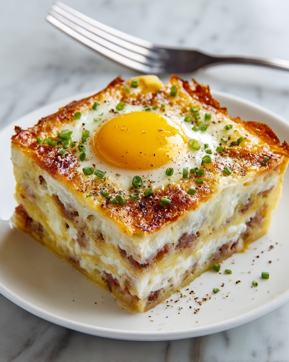 A square layered dish sits on a white plate, with a crispy golden-brown top edge. The bottom layers show a mix of white melted cheese and bits of reddish meat within a dense, creamy base. On top, a sunny yellow egg yolk rests perfectly in the middle of soft, white cooked egg whites. Small green chives and tiny green leaves are sprinkled on and around the yolk, with black pepper lightly scattered over the surface. A shiny silver fork lies in the background against a white marbled texture. Photo taken with an iphone --ar 4:5 --v 7