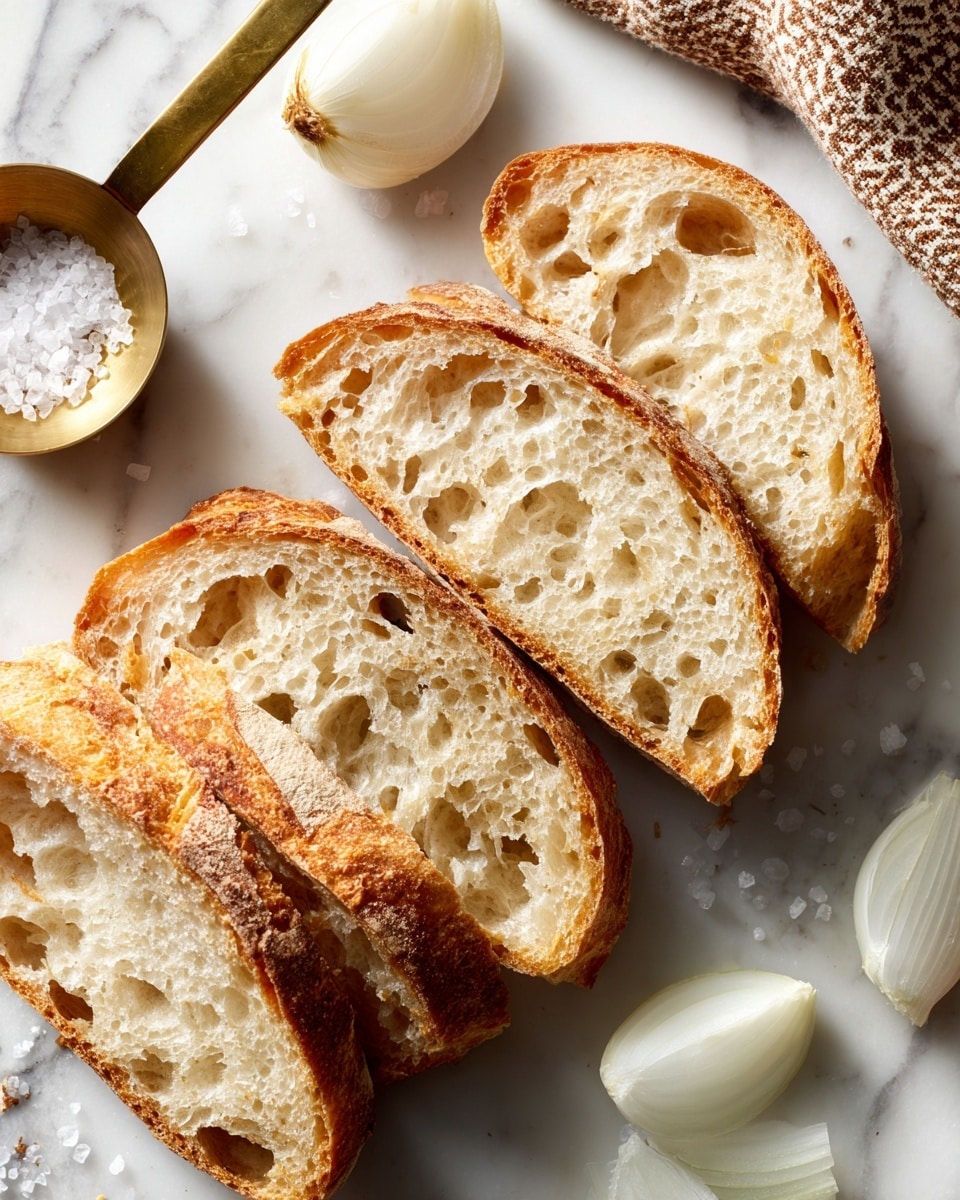 The image shows three thick slices of rustic bread with a golden-brown crust and a soft, airy inside full of small holes, laid on a white marbled surface. Behind the slices, two pieces of the remaining loaf are visible, showing the same light brown crust and soft interior. Scattered grains of salt and two wedges of light yellow onion are placed near the bread. In the background, a brass measuring cup with white salt sits next to a coiled metal clip and a textured light wooden bowl, with a cloth featuring a brown pattern partly visible. photo taken with an iphone --ar 4:5 --v 7