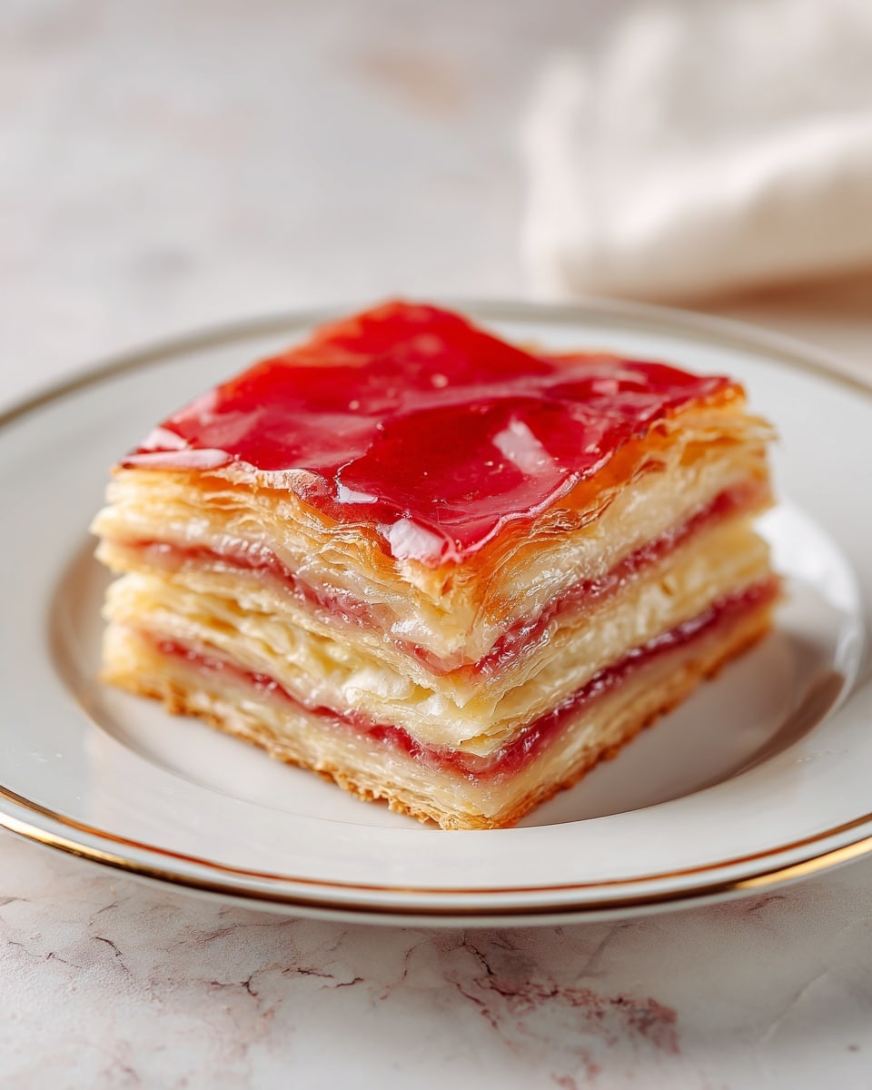 A square piece of layered pastry sits in the center of a white plate with a thin silver rim, placed on a white marbled surface. The pastry has three visible layers of golden-brown flaky dough, separated by light orange filling that appears smooth and slightly sticky. The top layer of the pastry is covered with a shiny, translucent red glaze that looks thick and glossy, giving the whole piece a moist, appetizing look. Photo taken with an iphone --ar 4:5 --v 7