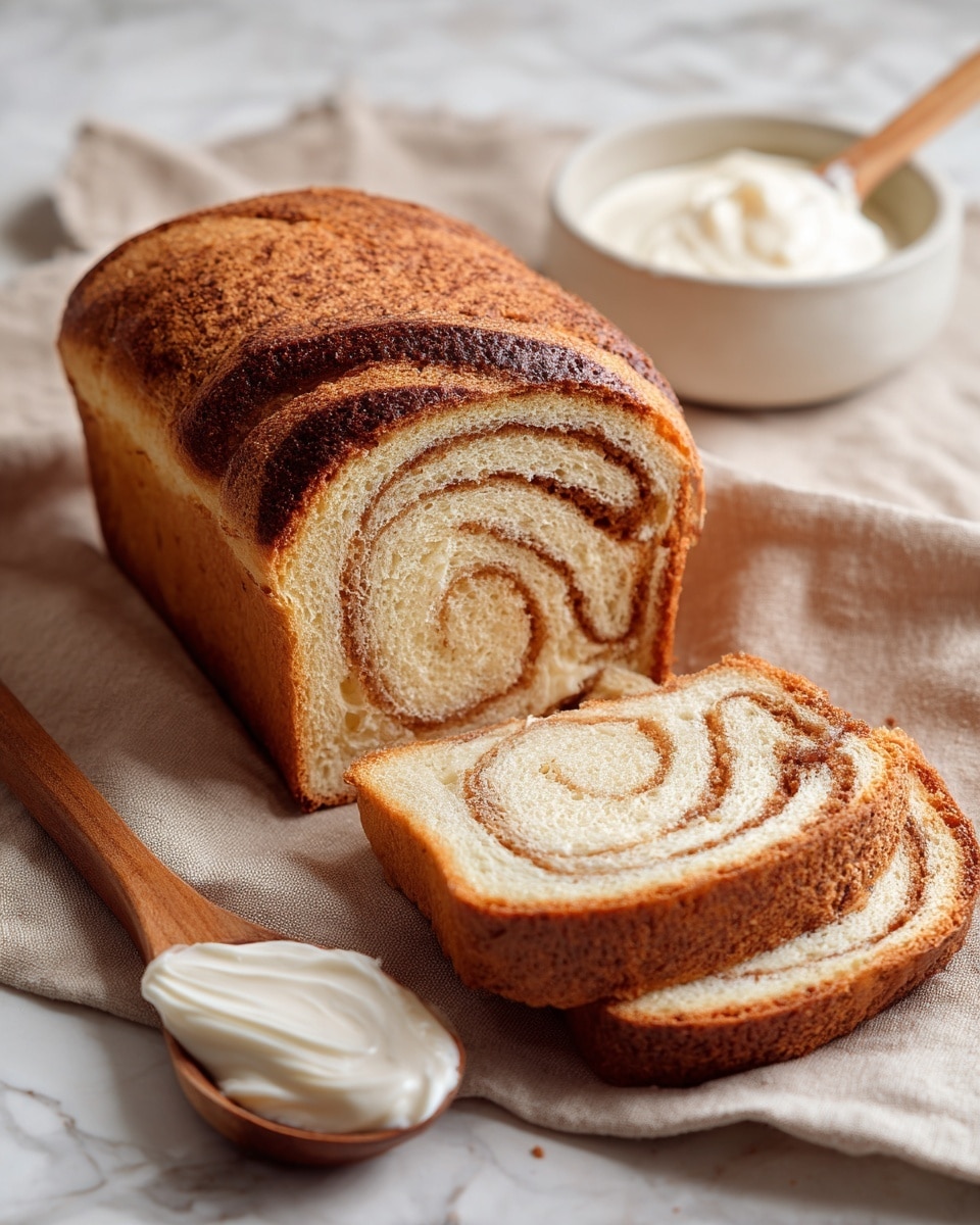 A close-up of a sliced cinnamon roll loaf showing three visible layers of soft, golden-brown dough with swirls of cinnamon inside, topped with thin white icing drizzled over the whole loaf. It sits on a white cloth, with part of a small white bowl filled with icing and a wooden spoon next to it, all placed on a white marbled surface. photo taken with an iphone --ar 4:5 --v 7
