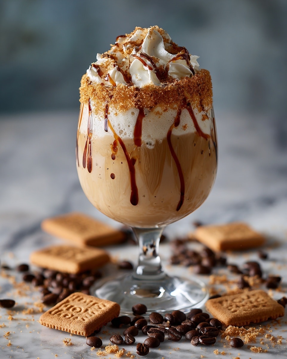 A tall clear glass with a thick brown coffee drink fills most of the glass, topped with a heart-shaped white foam layer, and light brown cream drizzled in ribbons over the foam, with crushed biscuit crumbs decorating the rim. The glass sits on a clear stem and base, on a white marbled surface scattered with coffee beans and square caramel-colored biscuits. Photo taken with an iphone --ar 4:5 --v 7