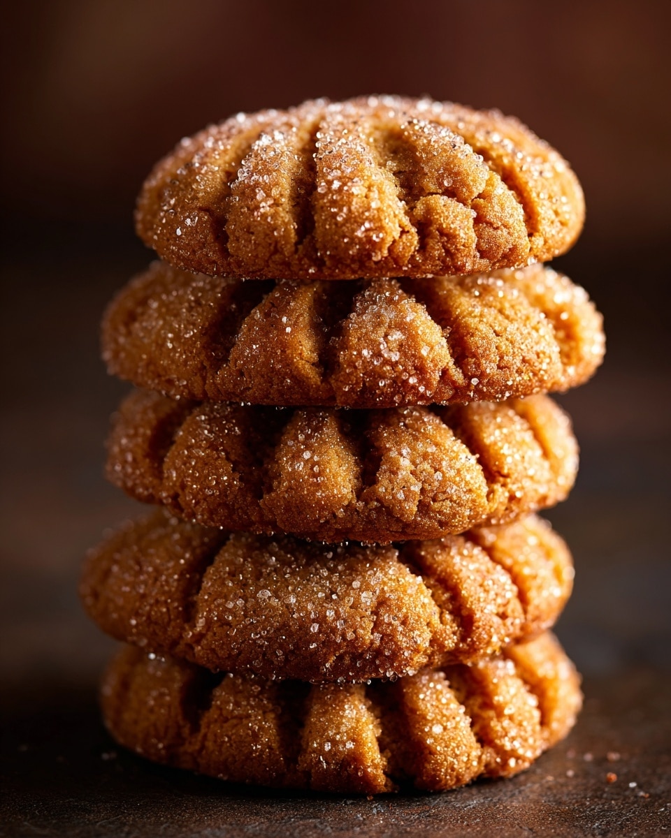 A close-up of a stack of five soft, golden brown cookies with deep ridges and a sugar coating that sparkles in the light. The cookies have a textured, cracked surface showing they are slightly crispy on the outside but soft inside. The background is out of focus with warm dark tones, highlighting the cookies as the main subject. photo taken with an iphone --ar 4:5 --v 7