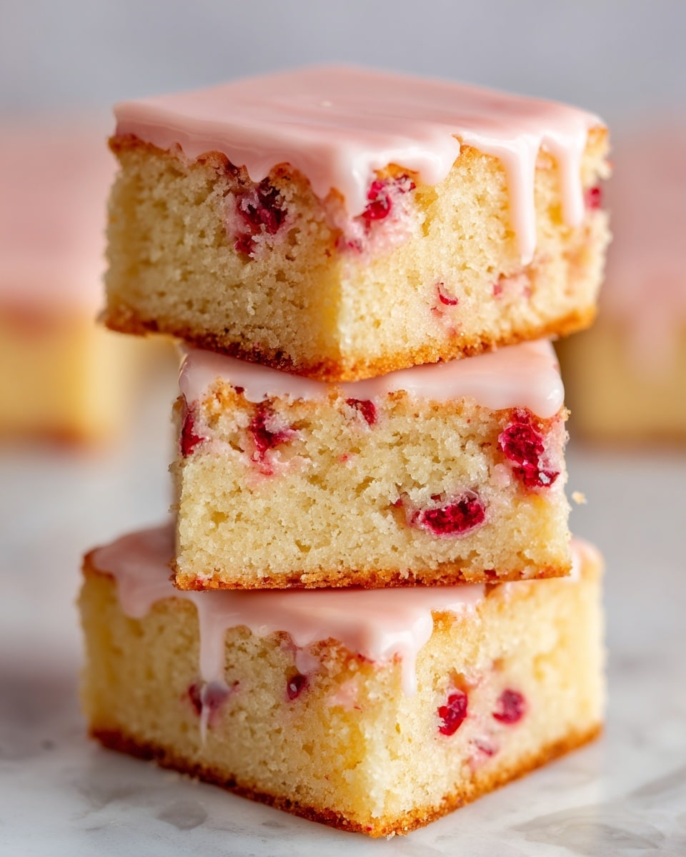 A close-up of a stack of three square pieces of soft cake with a light beige color, visible moist texture, and chunks of red fruit embedded inside. Each piece is topped with a smooth light pink icing that slightly drips down the sides, adding a glossy contrast to the crumbly cake. The pieces are stacked unevenly on a white marbled surface, showing the layers clearly with the fruit pieces scattered inside. The overall look is inviting, with a mix of soft and fruity textures visible. photo taken with an iphone --ar 4:5 --v 7