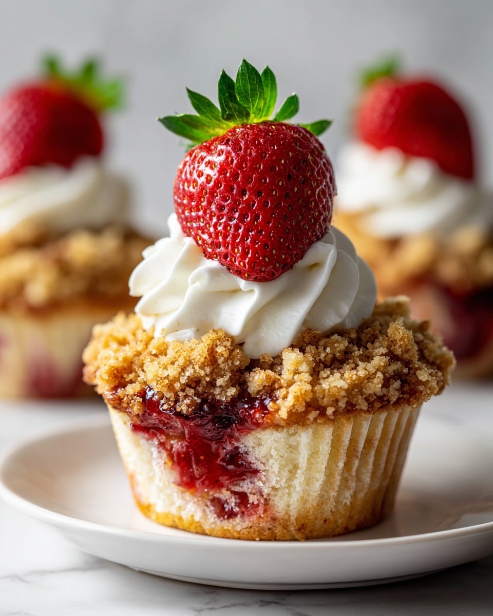 A close-up of a crumb-topped muffin on a white plate with a silver fork beside it, showing three main layers: the bottom layer is a soft, light beige muffin base with visible pieces of red strawberry embedded inside; the middle layer is a crumbly, golden-brown streusel topping with bits of cinnamon; the top layer has a swirl of smooth white cream cheese frosting crowned by a single vibrant red strawberry with green leaves. The whole background is a white marbled texture. Photo taken with an iphone --ar 4:5 --v 7
