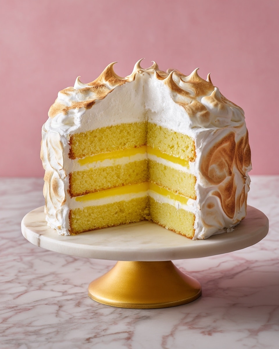 A three-layer cake is shown on a white marble cake stand. Each cake layer is light yellow and soft-looking. Between the layers, there is a thick, bright yellow lemon curd filling and white whipped cream. The top of the cake is covered with a tall, fluffy white meringue that is toasted golden brown on the spikes and edges. The cake is cut to show the inside layers clearly against a soft pink background replaced with a white marbled texture. Photo taken with an iphone --ar 4:5 --v 7