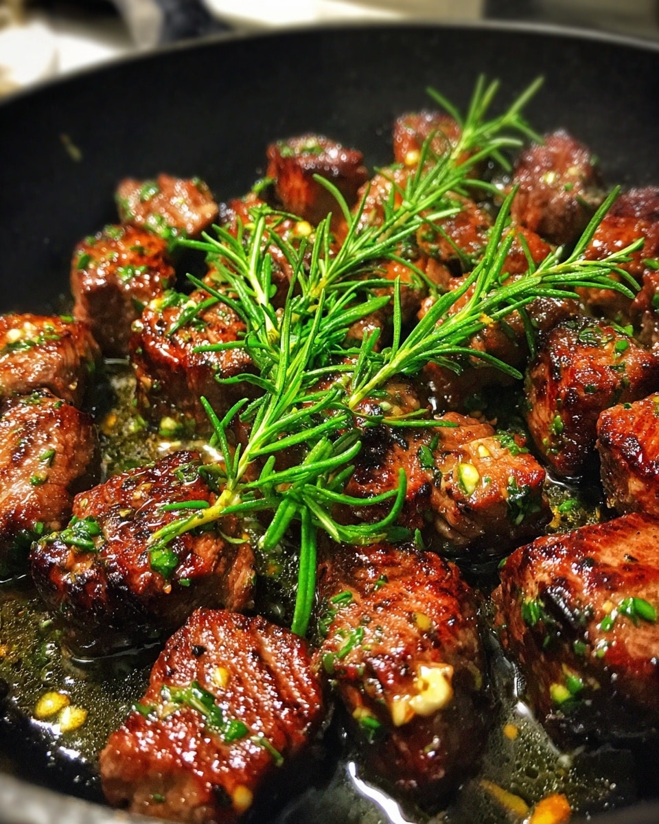 The image shows many pieces of cooked beef steak in a black pan. The steak pieces have a brown, slightly crispy surface with visible grill marks and some juices. They are covered in small green herb bits and small pieces of garlic. Bright green rosemary sprigs lay on top of some steaks. The pan holds a layer of golden oil mixed with herbs and garlic, giving the dish a shiny, juicy look. The background is a white marbled texture. photo taken with an iphone --ar 4:5 --v 7