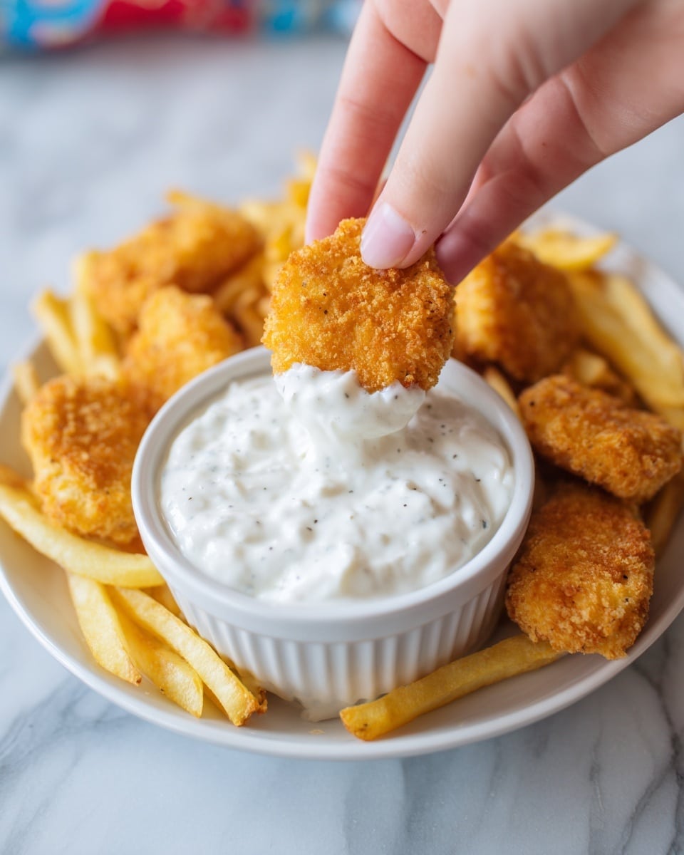 A close-up of a golden brown, triangular fried nugget being dipped into a small bowl of thick, white creamy sauce. The nugget shows a crunchy texture with tiny bubbles and cracks on its surface. Surrounding the white bowl are thin, crispy, pale yellow French fries, arranged around it on a white plate. A woman's hand is holding the nugget gently between thumb and forefinger. The background has a white marbled texture and is softly blurred, bringing focus to the nugget and sauce. Photo taken with an iphone --ar 4:5 --v 7